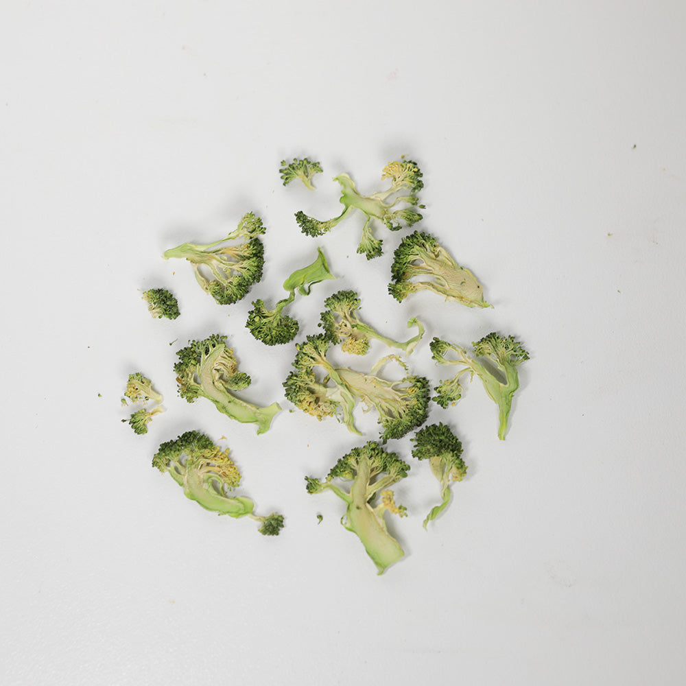 Top view of brocolli dehydrated dog treat slices and vegetable chips