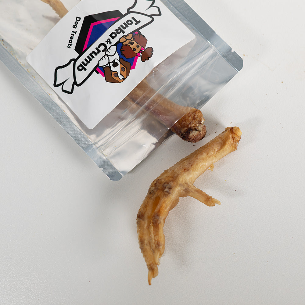 Top view of dehydrated chicken feet dog treats