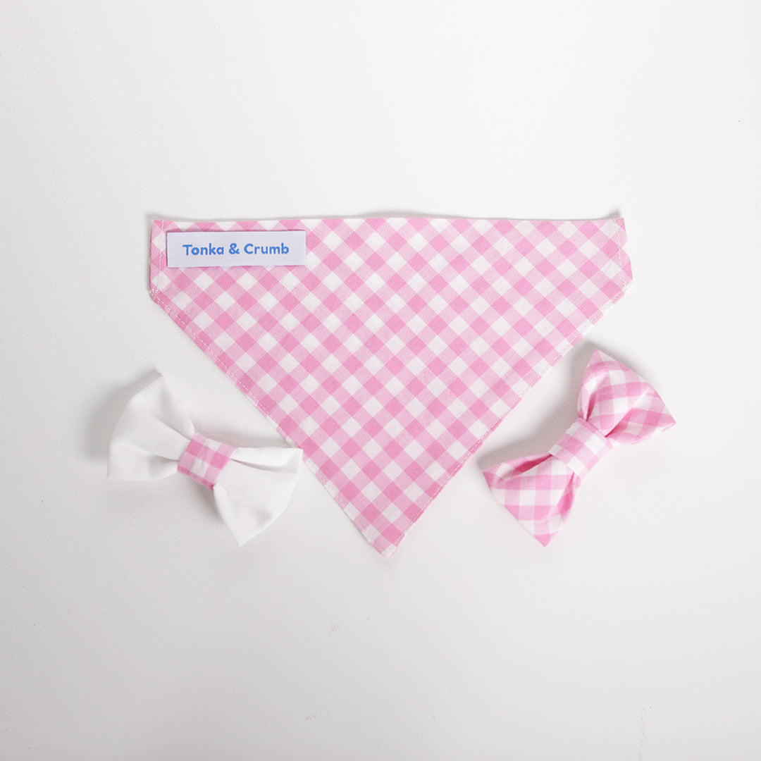 Pink gingham pet bandana with bow ties