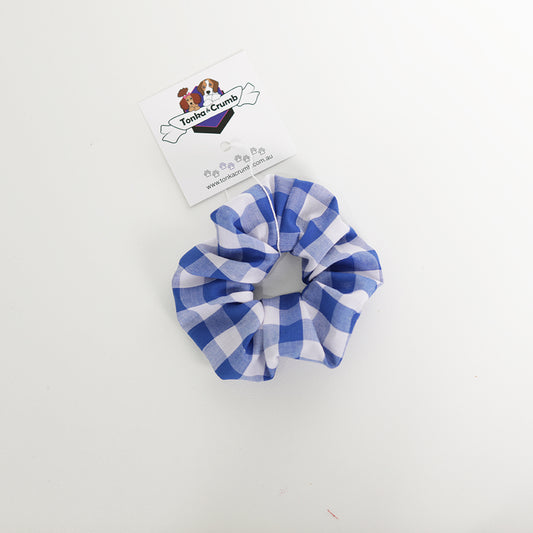 Front view blue and white gingham scrunchie