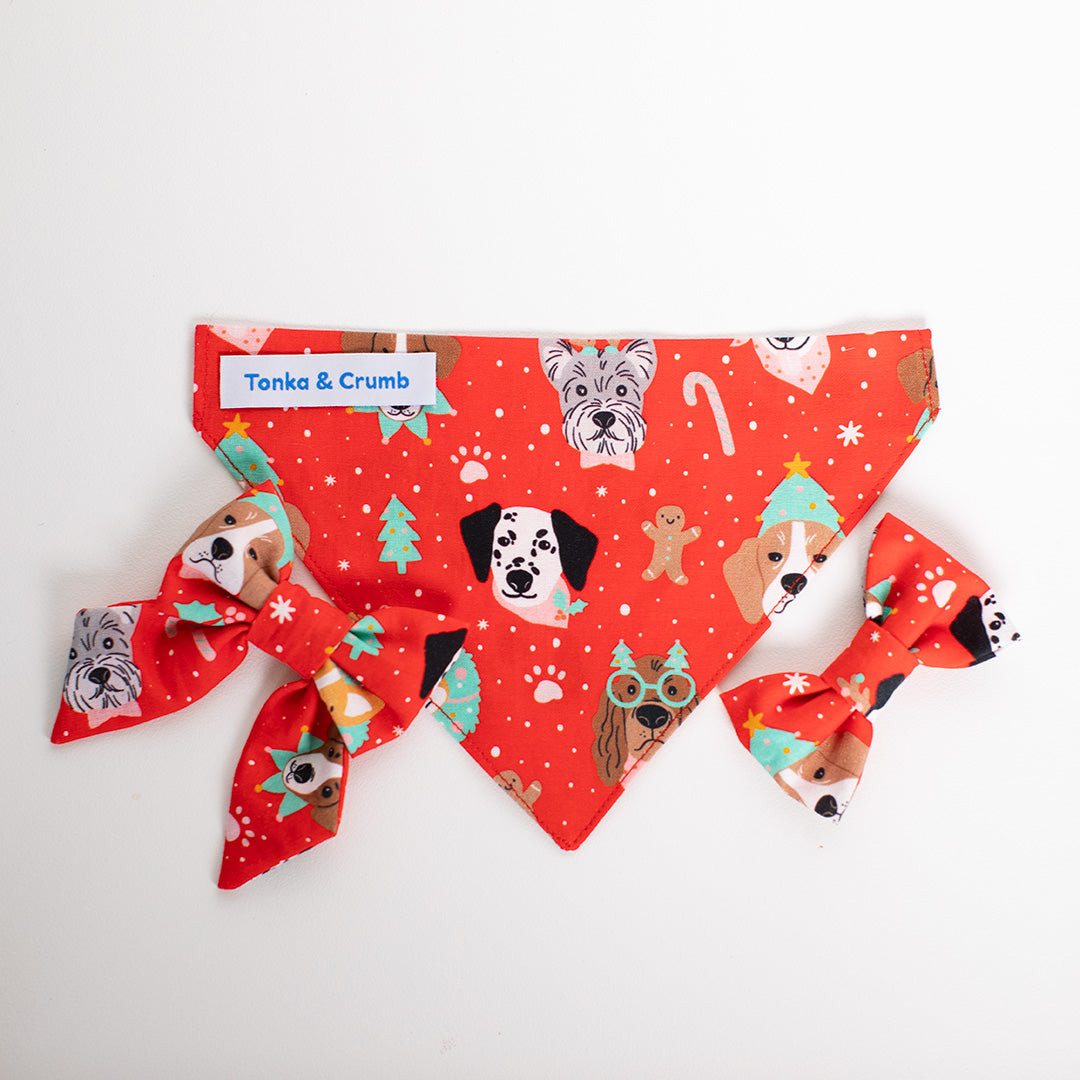 Pet bandana and bows with Christmas dog print