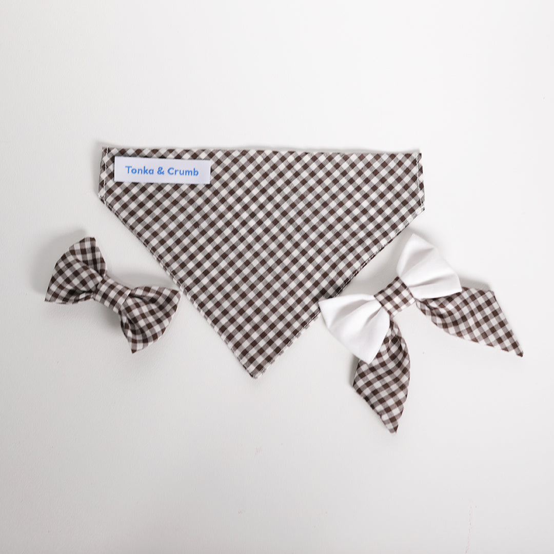 Brown gingham pet bandana with bows