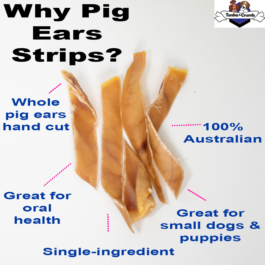 Pig ears for small dogs and puppies with text