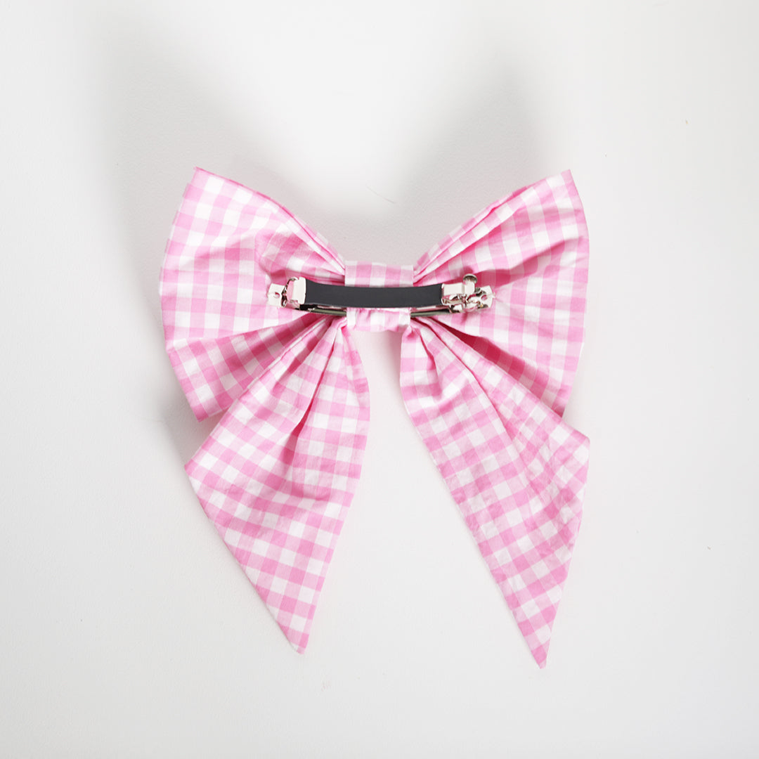 Women's hair bow in pink gingham back view