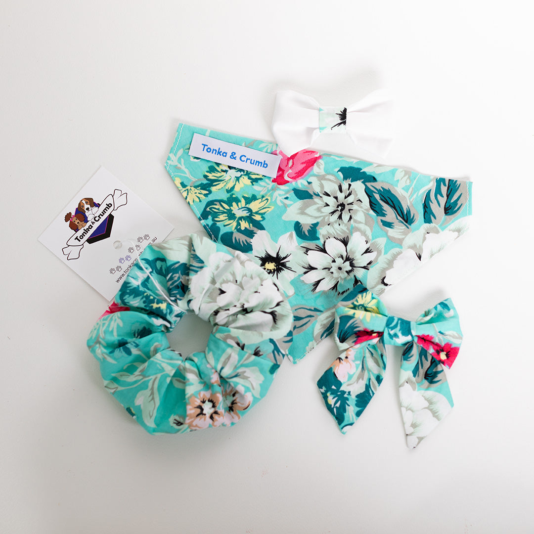 Accessories range of scrunchies with bows and pet bandana