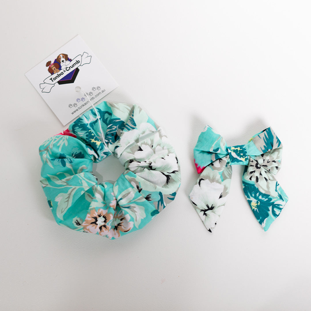 Scrunchie and dog sailor bow in floral aquamarine