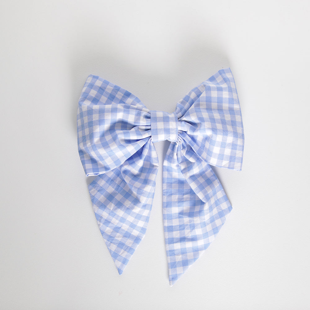 Baby blue gingham hair bow for women