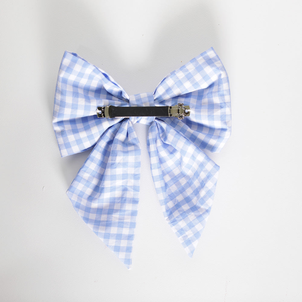 Baby blue gingham hair bow back view