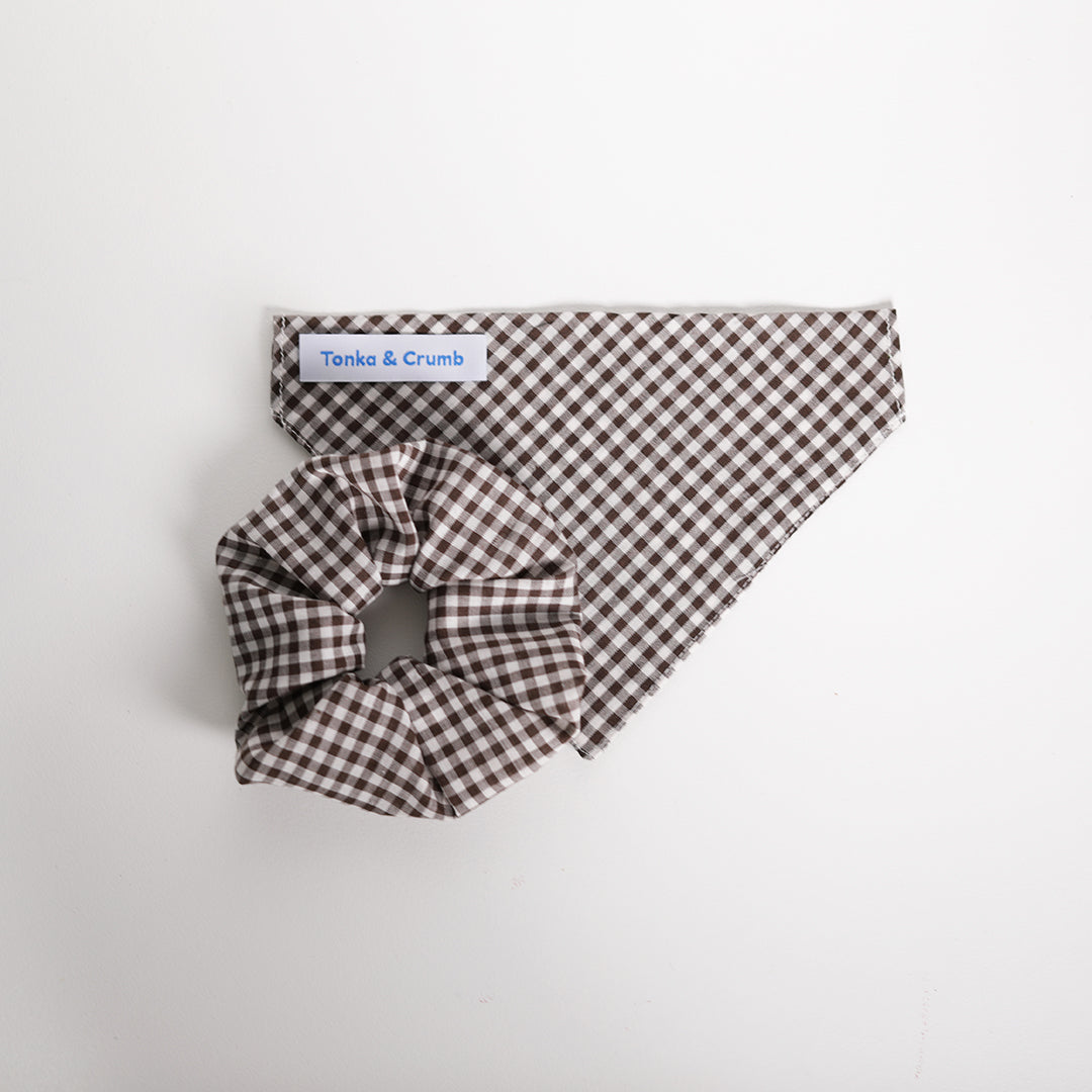 Brown gingham pet bandana with scrunchie