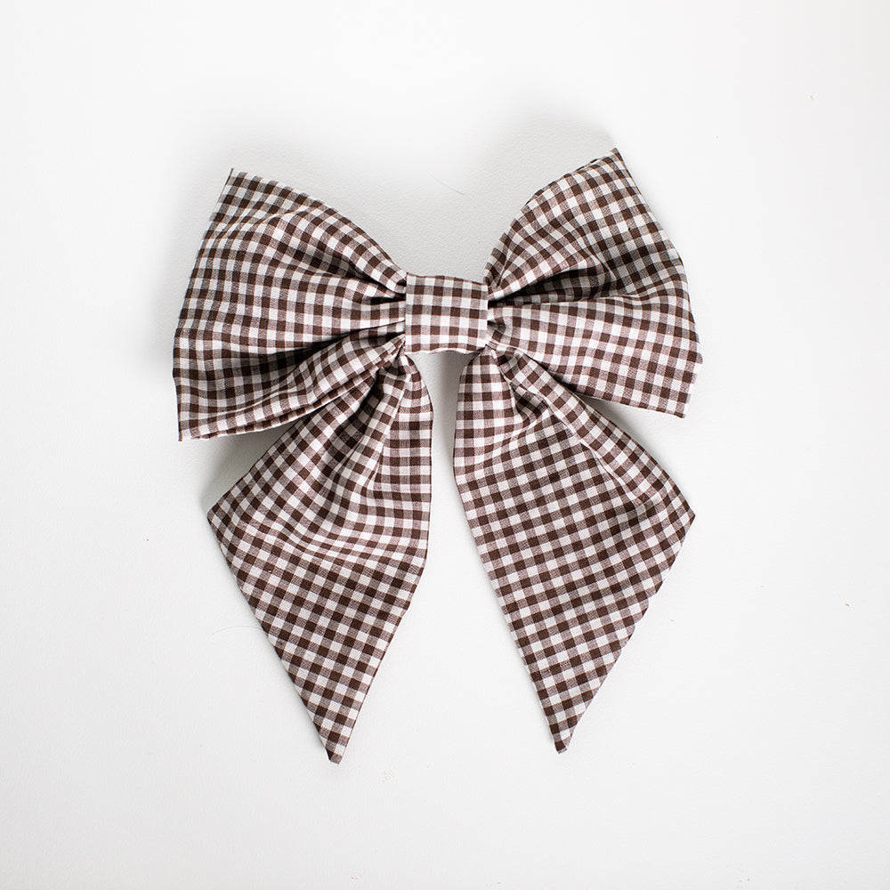 Brown gingham hair bow for women