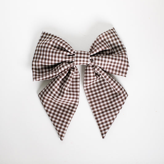 Brown gingham hair bow for women