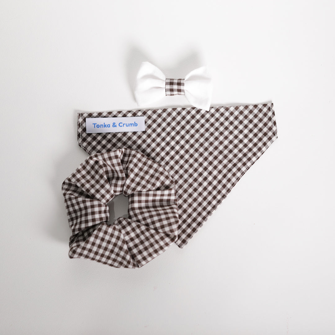 Brown gingham pet bandana with bowtie