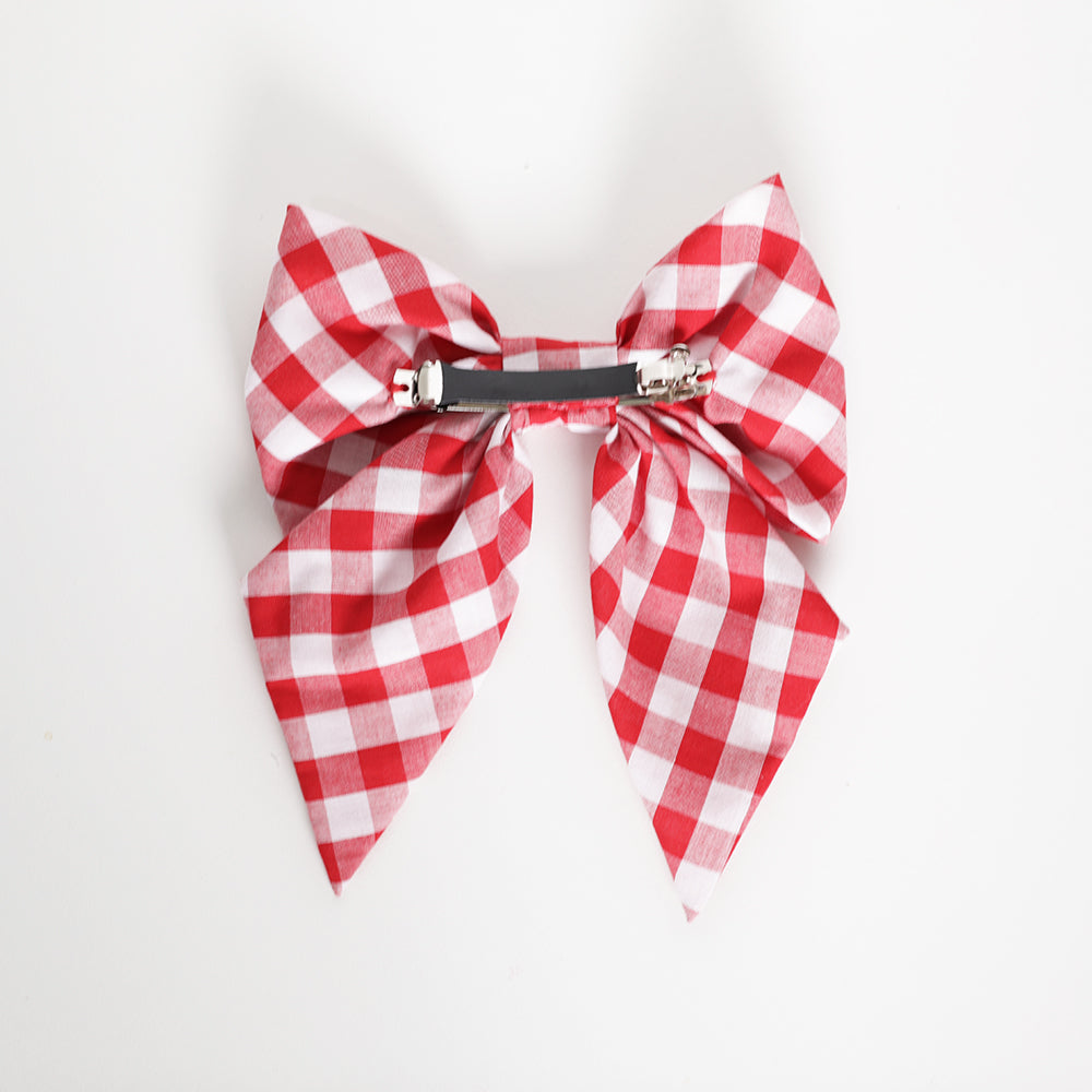 Red gingham hair bow back side