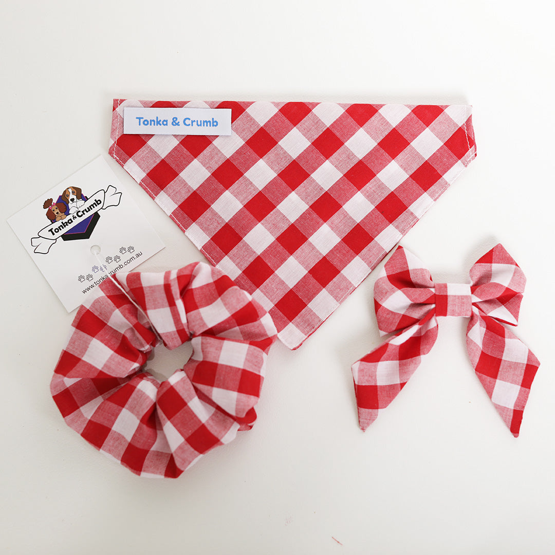 Red gingham scrunchie with matching sailor dog bandana